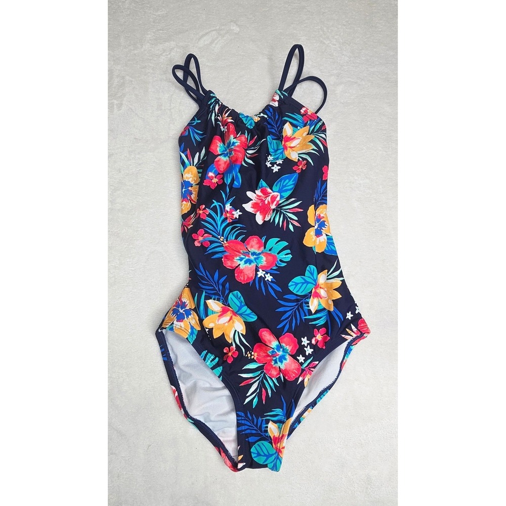 NWT Kanu Surf Brooke Swimsuit 12 Navy Tropical Floral Strappy One Piece